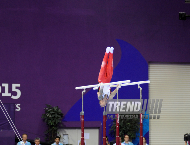 Azərbaycan gimnastı Oleq Stepko Avropa Oyunlarında paralel qollarda hərəkətlərdə qızıl medal qazandı. Bakı, Azərbaycan, 20 iyun 2015